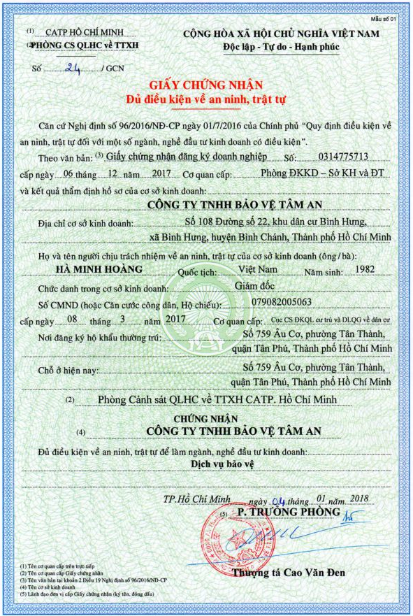 Thủ tục làm Giấy chứng nhận đủ điều kiện an ninh trật tự đối với một số ngành nghề kinh doanh có điều kiện