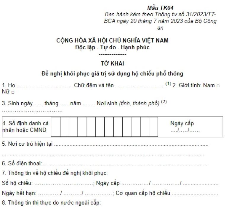 tờ khai đề nghị khôi phục hộ chiếu